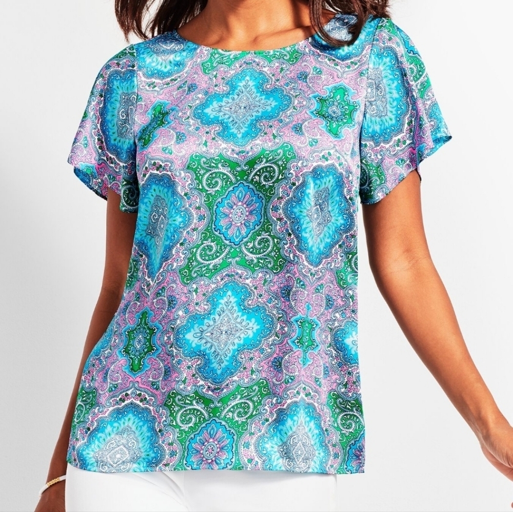 Talbots Satin Paisley Open Strappy Back Blouse sz M Pink Blue Mod Feminine Chic